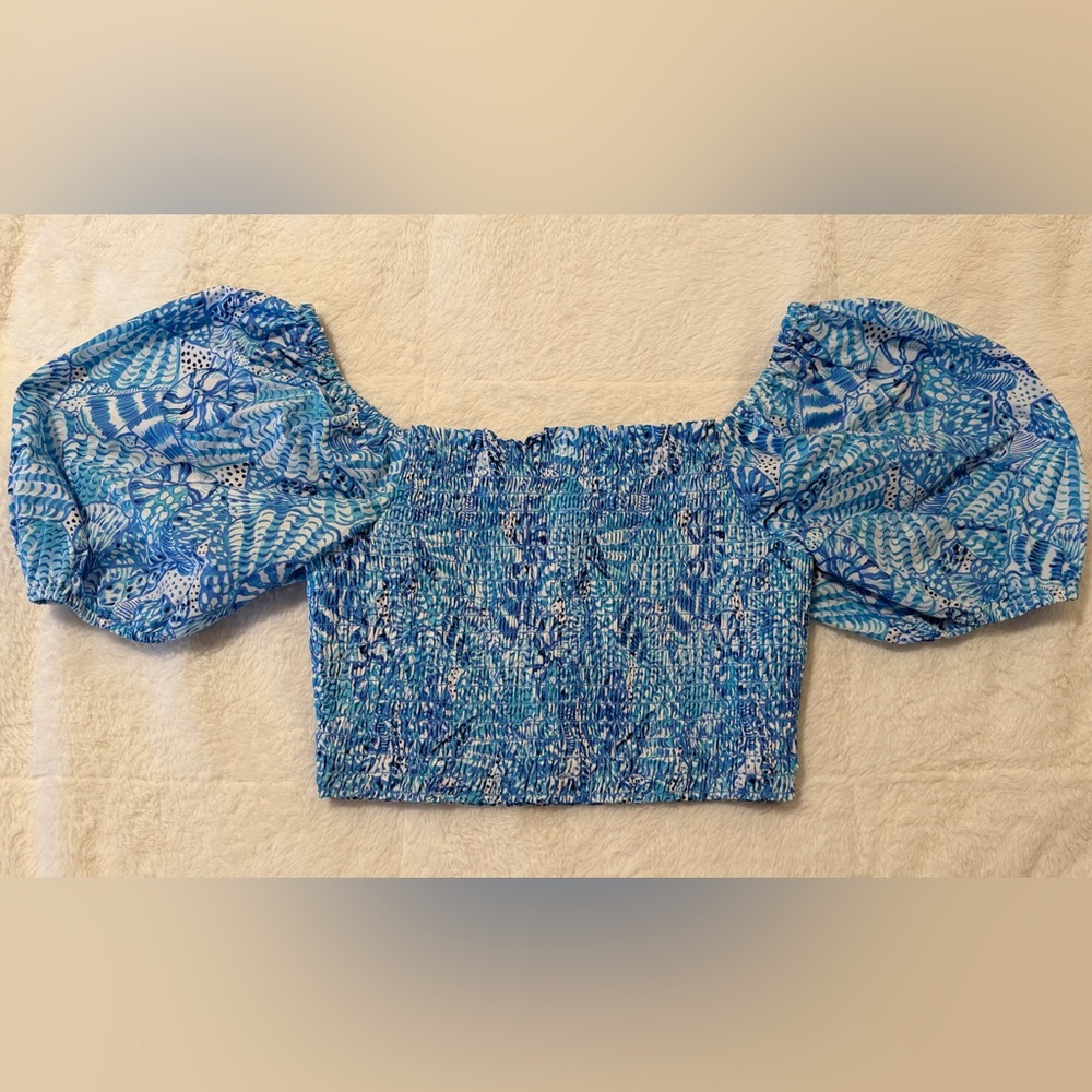Lilly Pulitzer Ashton Smocked Puff Sleeve Top in Amalfi Blue by the Seashore.